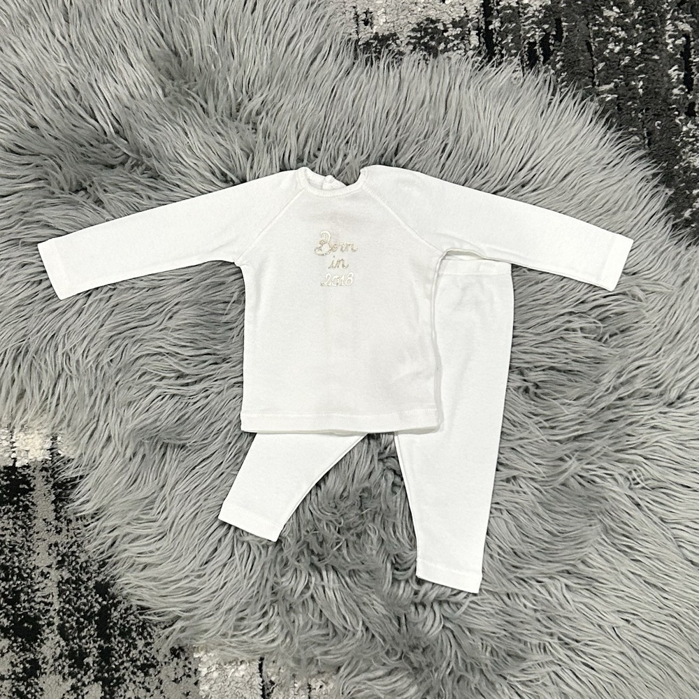 BONPOINT Baby Cotton Top And Pant Set Gold Print "Born In 2018" 3 Month NEW